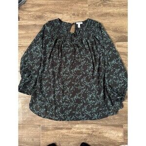 Liz Lange Size L Maternity Blouse Long Sleeve Lightweight Black & Teal Career